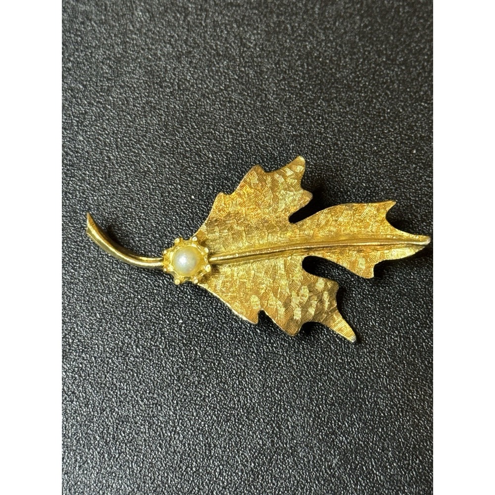 Vintage Gold Toned Leaf with Pearl Pin Brooch Heavy